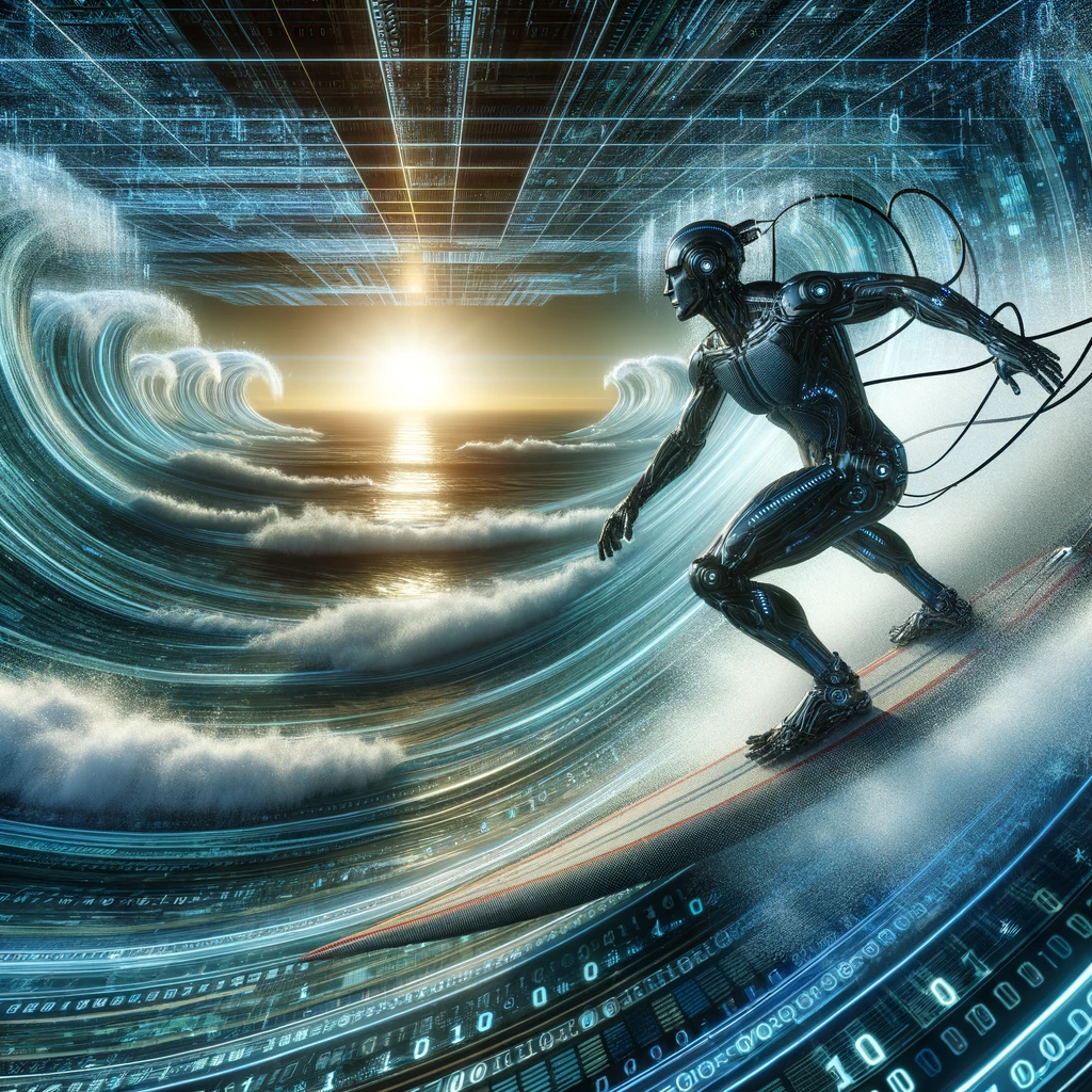 DALL·E 2024-02-17 15.16.51 - Envision a futuristic surfer riding monumental digital waves, symbolizing the dynamic and powerful nature of digital innovation. The surfer, equipped