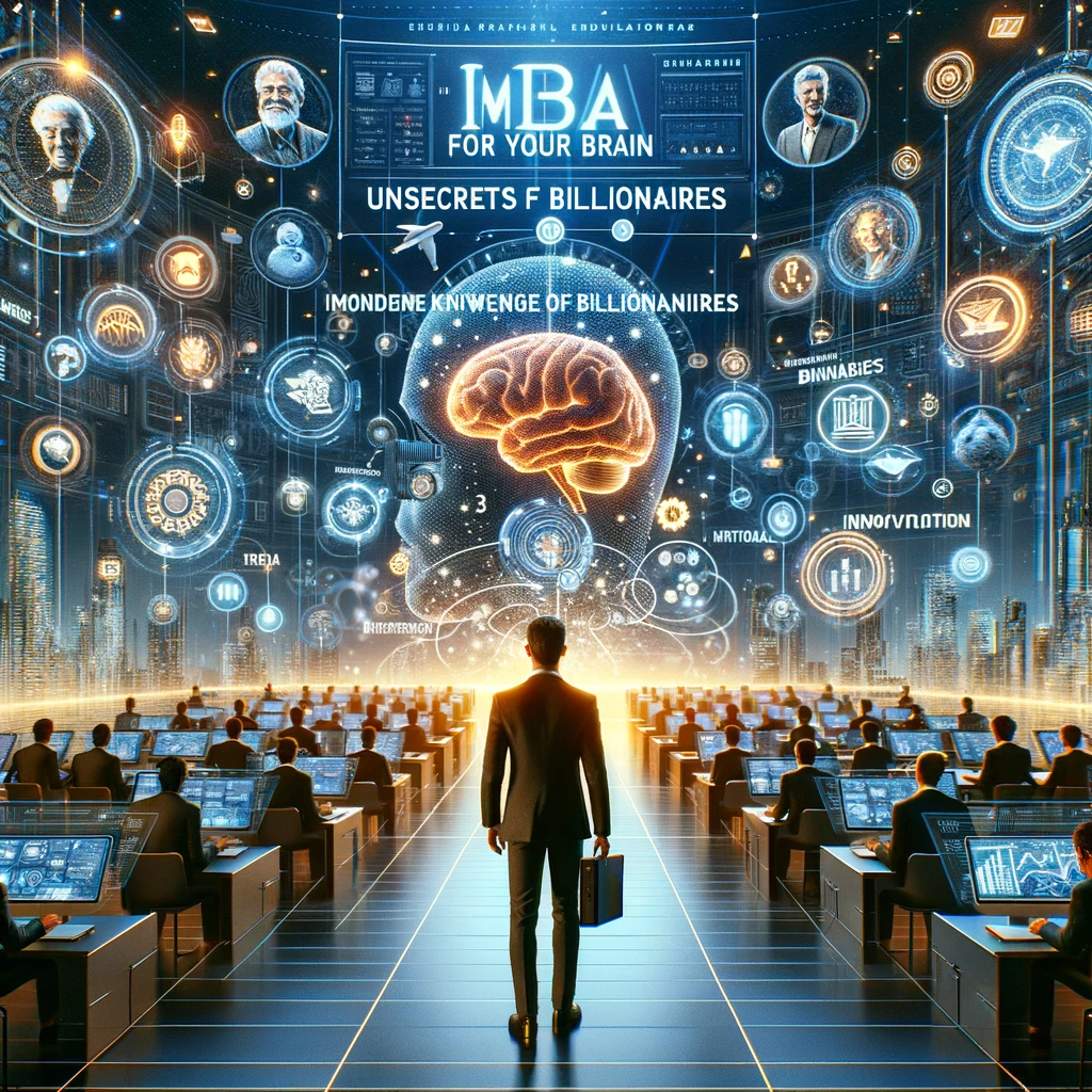 DALL·E 2024-02-23 12.04.45 - Visualize an exclusive and innovative educational program titled 'MBA for your Brain', designed to unlock the secrets of billionaires and successful m